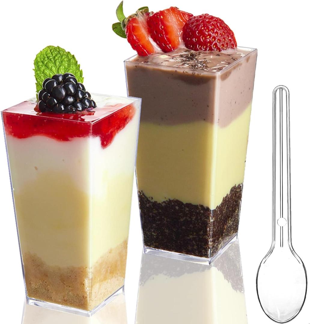 TOFLEN 50 Pack 3 oz Square Mini Dessert Cups with Spoons Clear Plastic Dessert Shooter Cups for for Party, Yogurt, Parfait, Cheesecake, Pudding, Jello and Appetizers