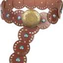 Eohak Women Wide Western Disc Belt Cowgirl Boho-Concho Leather Belts for Jeans Dress (Length 45'' (Fit Waist Size Below 40''), Brown-turquoise)