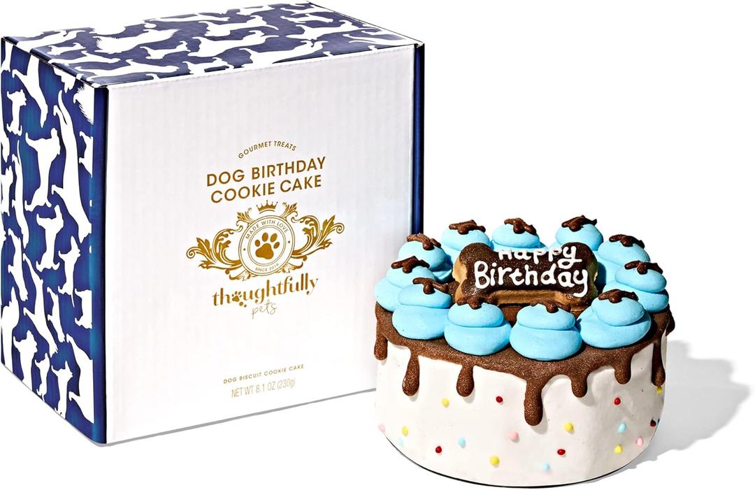 Thoughtfully Pets, Blue Dog Happy Birthday Mini Cookie Cake, Blue, Peanut Butter Flavored, Hand Decorated Hollow Biscuit Cake for All Dog Breeds