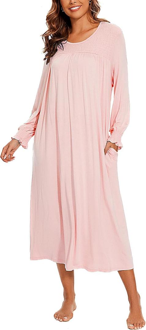 AVIIER Long Sleeve Nightgowns for Women Soft Cotton Victorian Night Gowns Ladies Sleepwear with Pockets (Medium, Pink)
