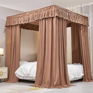 VETHIN Elastic Roof Style Four Corner Post Princess Bed Canopy Curtains Cozy Breathable Tent Canopy Mosquito Net for Girls & Adults Bedroom Decoration (Brown, 70-78" W*86" L*82"*H/(King))