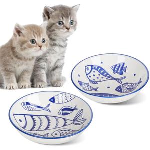 HAPPY KIT 2Pcs Wide Shallow Cat Bowls,8.5oz Colorful Plate Set with Non-Slip Mat,5.7 inch Indoor Ceramic Cats Dish/Dishes Relief of Whisker Fatigue - Microwave and Dishwasher Safe (fish)