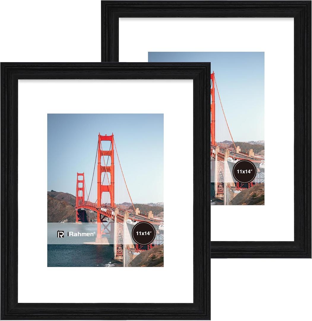 11x14 Picture Frame Set of 2, Black Photo Frame with Tempered Glass, Display 8x10 Picture with Mat or 11 x 14 Without Mat for Poster Wall Mounting Horizontal Vertical