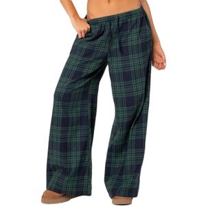 Women Plaid Comfy Pajamas Pants Elastic Waist Drawstring Loose Wide Leg Lounge Pants with Two Pocket (Small, Green)