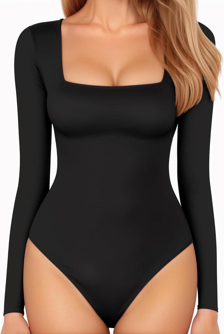 MANGOPOP Women's Square Neck Short Sleeve Long Sleeve Bodysuit Sexy Body Suits Shirt Slim Fitted Tops (Large)