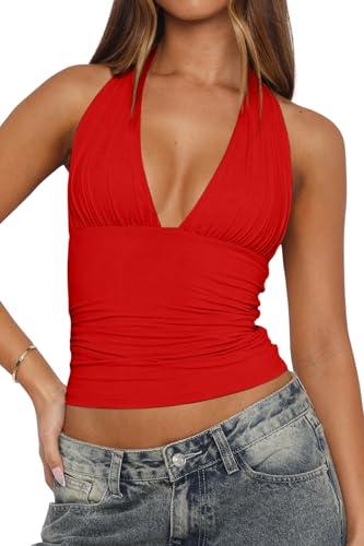 LCNBA Women's Sexy Backless Tie Up Halter Crop Top Deep V Neck Going Out Tops Red XSmall