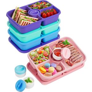 Canfanni 4 Pcs Bento Snack Box Containers, 4 Compartment Divided Stackable Food Storage Containers with Lids, Meal Prep Lunch Container with Sauce Cups