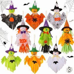 Zomiboo 9 Pack Halloween Decoration Hanging Ghost Pumpkins Decorations Tree Scary Pumpkin Witch Spider Bat Straw Windsock Pendant for Patio Lawn Garden Spooky Party