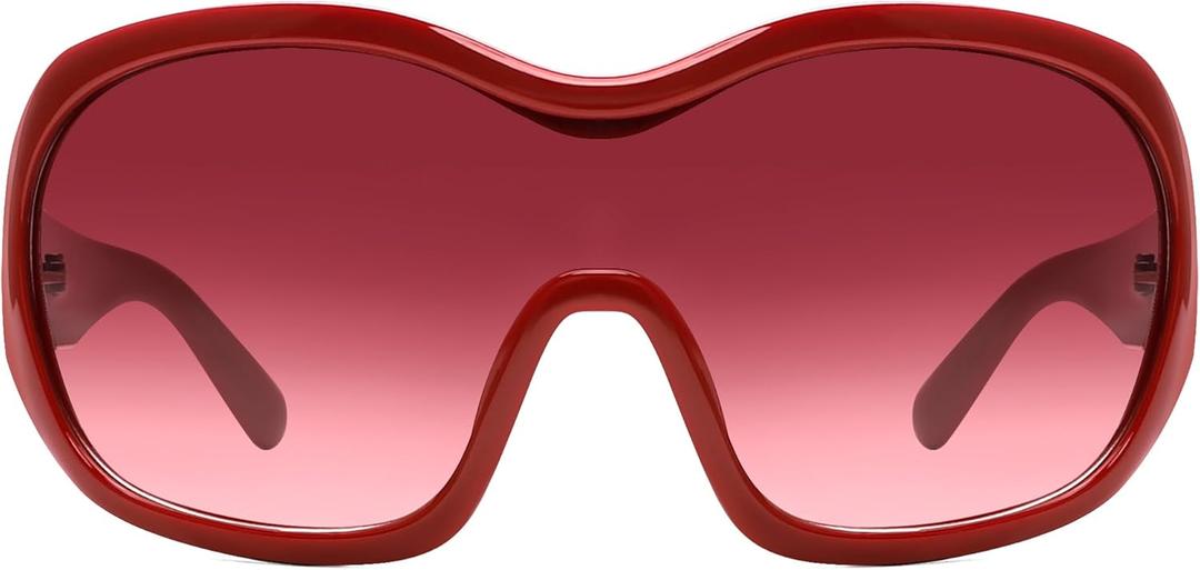 Oversized Trendy Wrap Around Sunglasses for Women Men - Cool Concert shades 2000s Retro Round Big Shield Glasses (Red)