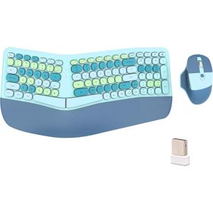 Wireless Ergonomic Keyboard and Mouse Combo with PU Wrist Rest, Carpal Tunnel Keyboard, 2.4G Colorful Split Ergo Keyboard, Comfortable Natural Typing, Compatible with PC/Laptop (Blue)  