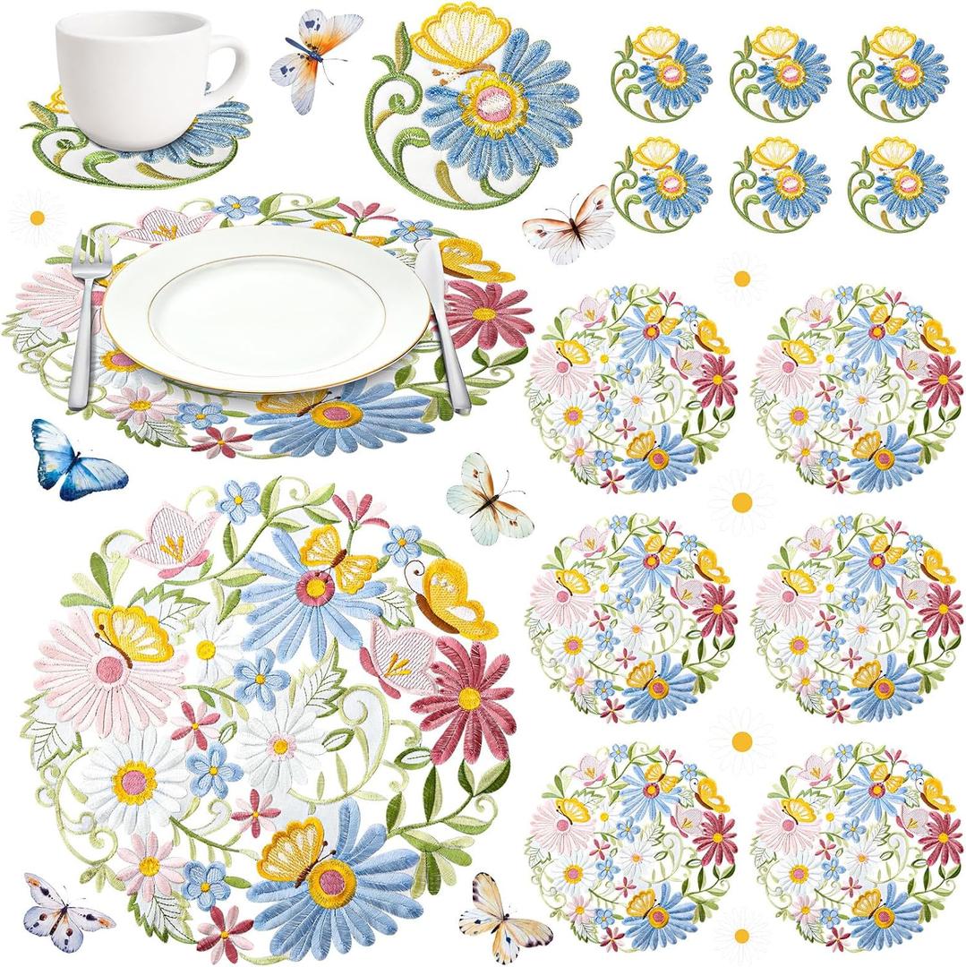 Tudomro 12 Pcs 14 Inches Spring Floral Daisy Embroidered Placemats and Coaster Set of 6 Double Layer Round Table Placemats Washable Daisy Mats for Holiday Wedding Party Festival Dinner Decorations