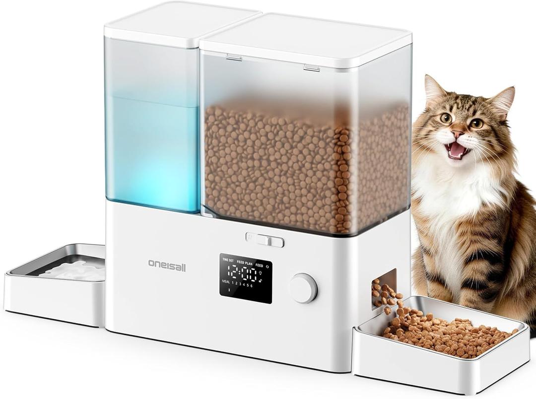 oneisall Automatic Cat Feeder and Water Dispenser, Cat Food Dispenser 36Cups/8.5L, 2-in-1 Large Capacity 5L Cat Feeder and 3.5L Gravity Water Dispenser for Pets, Timed Cat Feeder for Dry Food