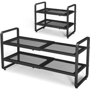 Shoe Rack - Expandable Shoe Organizer for Closet, Adjustable Metal Shoe Shelf Storage, 2 Tier Stackable Long Shoe Stand Holder for Garage, Entryway, Door Entrance, Black