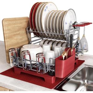 BOOSINY 2 Tier Red Large Stainless Steel Dish Drainers Drying Rack for Kitchen Counter with Drainboard, Rust Proof Metal, Space Saving, Modern Aesthetic, Compact Plates Strainers with Extra Mat
