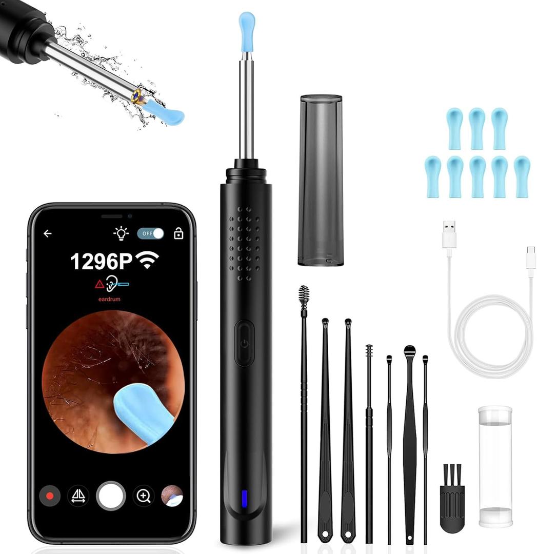 Ear Wax Removal, Ear Cleaner with Camera with 1296P, Earwax Removal kit with 9 Ear Pickand 8 Traditional Tools, Built-in WiFi lP67 Waterproof, Ear Cleaning Kit foriPhone, iPad, Android (Black)