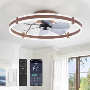 ZMISHIBO 24 Inch Ceiling Fans with Lights and Remote, Modern Low Profile Ceiling Fan, 3000-6000K Dimmable Flush Mount LED Fan Light, 6 Wind Speeds, Fandelier Ceiling Fans for Bedroom- Brown
