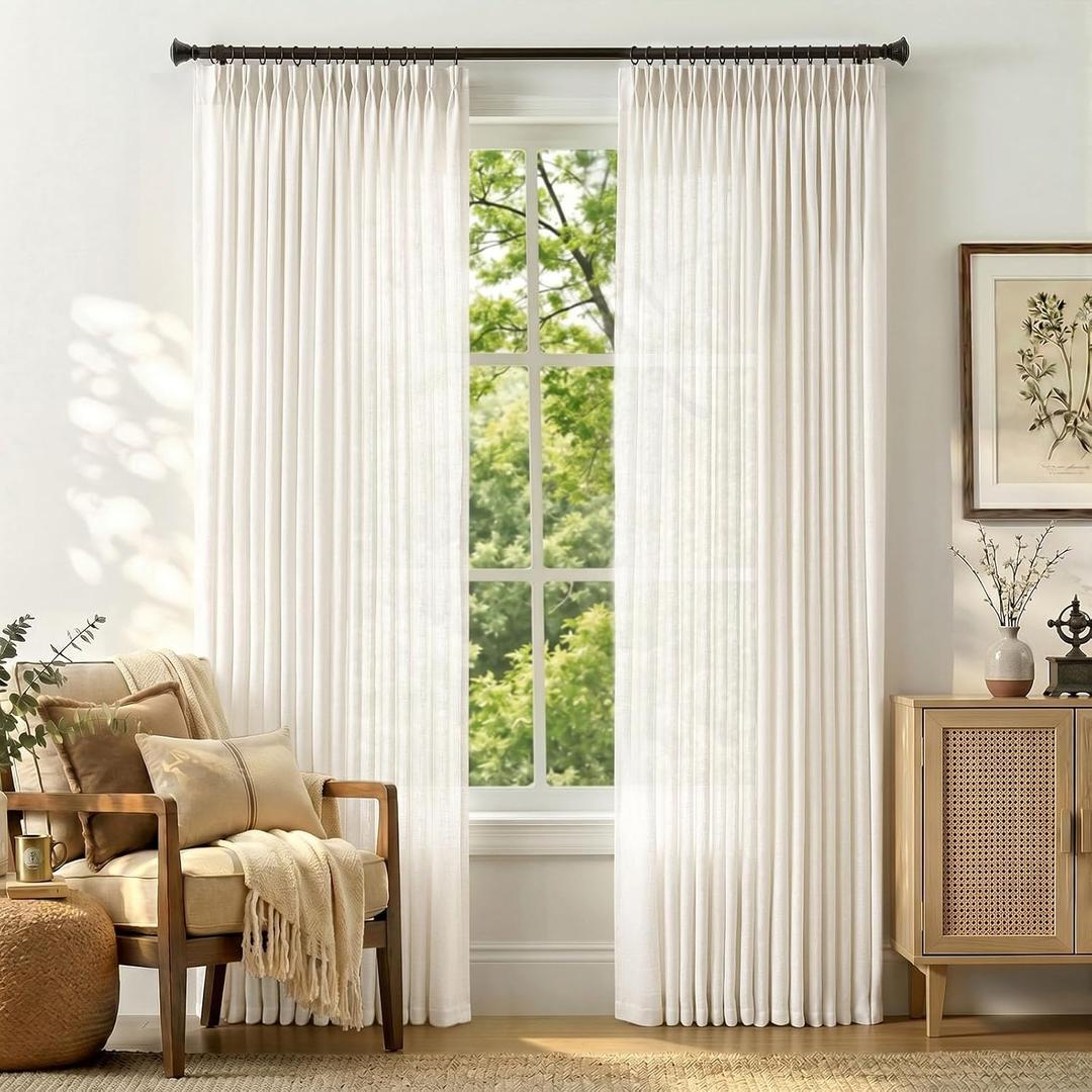jinchan Natural White Pinch Pleated Curtains 84 Inches Long for Living Room Linen Semi Sheer Bedroom Curtains Light Filtering Rustic Farmhouse Window Drapes Privacy Pleated Drapes for Dining Office, 40"W x 84"L