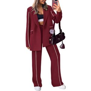 PRETTYGARDEN Women's Fall Spring 2 Piece Blazer Outfits Business Casual Oversized Jacket Wide Leg Work Pants Dressy Suit Set (Medium, Wine Red)