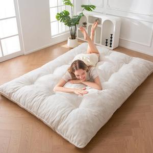 MAXYOYO Japanese Floor Mattress Queen Size, 6" Foldable Futon Mattress Tufted Roll Up Floor Bed, Thick Chenille Tatami Mat Sleeping Pad for Camping Guest Room Dormitory Bedroom RV, Beige