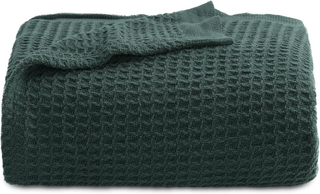Bedsure Gentlesoft 100% Cotton Throw Blanket for Couch 50x70 inches - Breathable and Soft for Summer, Waffle Weave Throw Blanket for Office, Dark Green