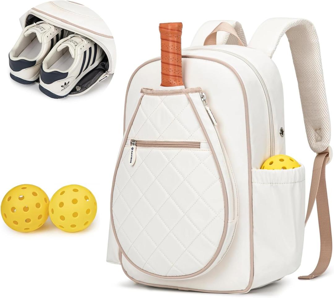 KAVIGOR Pickleball Bag, Quilted Pickleball Backpack with Shoe Compartment & Waterproof Pocket, Pickle Ball Paddle Bag Fits 2 to 4 Paddles for Women and Men (Beige)