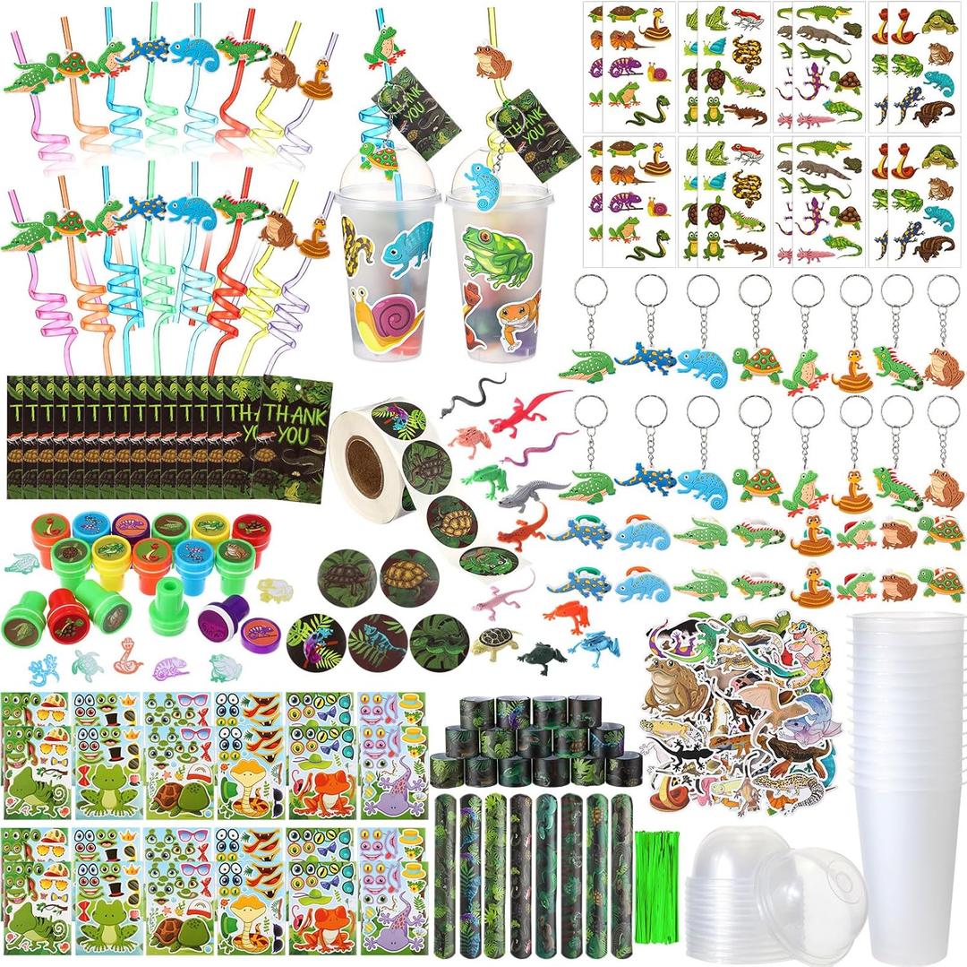 Poen 212 Pcs Reptiles Party Favors Set Include Cup Straw Stamp Clap Bracelet Keychain Ring Puzzle Sticker Animal Miniature Card for Birthday Summer Outdoor Party Baby Shower Goody Bag Stuffer