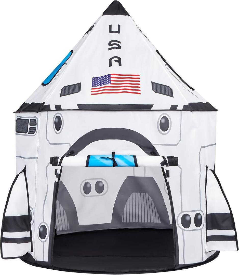 JOYIN White Rocket Ship Pop up Play Tent with Tunnel and Playhouse Kids Indoor Outdoor Spaceship Tent Set