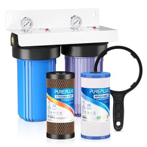 PUREPLUS 2-Stage Whole House Water Filtration System, Reduces Chlorine, Odor, Heavy Metals & Rust, 10"x4.5" Clear Housing, 1" Inlet/Outlet, PP Grooved Sediment&KDF Carbon Filters, With Pressure Gauges