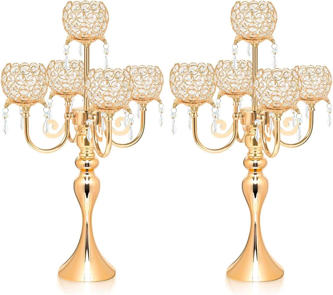 2 PCS Kehail Crystal Table Decoration Gold Candle Holder with Pendant, 5 Arm Candelabra Holder Beautiful Hollow Engraved Table Centerpiece for Christmas, Thanksgiving, Weddings, Holiday Parties