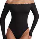 REORIA Women's Sexy Off The Shoulder Long Sleeve Bodysuit Lace Body Suits Going Out Tops Fall Outfit 2025 (Medium, Black Onyx)