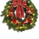 MorTime 16 Inches LED Christmas Wreath with Pinecones Red Berries, Red Bowknot Lighted Christmas Wreath with 40 LED Warm White Lights for Winter Holidays Home Decoration
