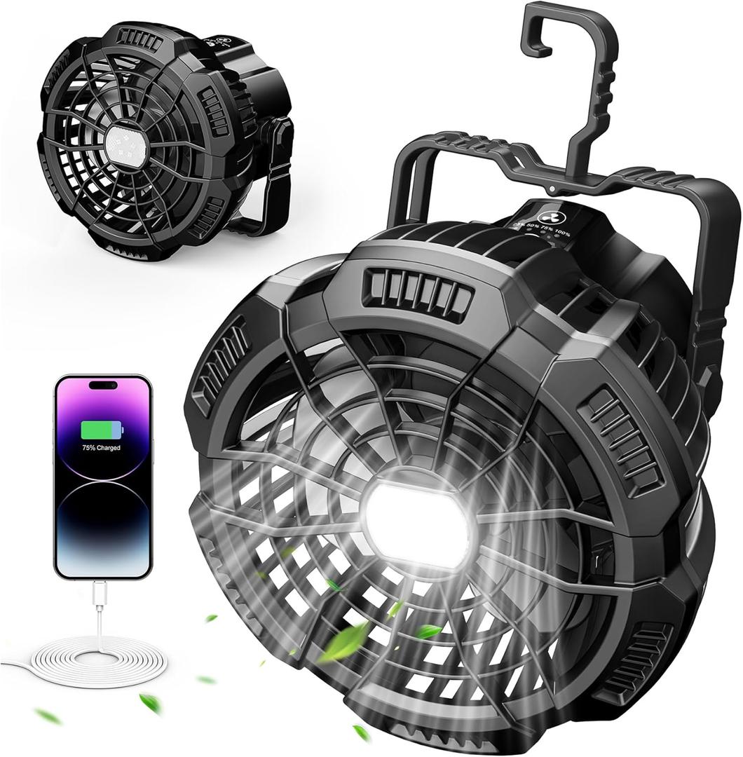 15000mAh Portable Camping Fan with Lantern, Rechargeable Battery Operated Fans with Hook, Glamping Tent Hanging Fan for RV Travel,Car Camping Essentials Accessories,Hiking Gear,Hurricane Survival Gear