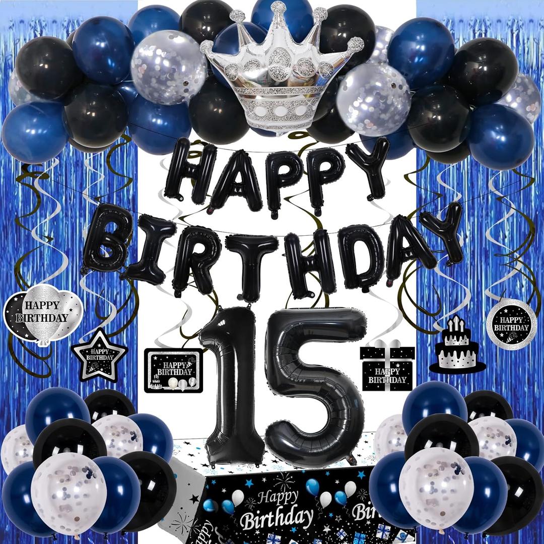 15th Birthday Decorations for Boys Girls, Blue Black Happy 15th Birthday Decorations Boy, 15 Year Old Birthday Balloons Banner, Tablecloth, Fringe Curtains Hanging Swirls Boy 15 Bday Party Decor