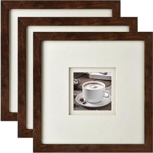 Yaetm 10x10 Square Picture Frame with Double Floating Ivory Mat 4x4, Brown Wood Grain Photo Frame with HD Tempered Glass for Wall Gallery, Home and Office, Wall Mounting, 3 Pack
