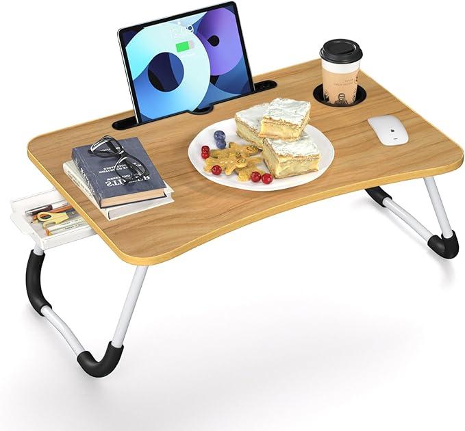 Foldable Laptop Bed Table Tray, Folding Lap Desk with Cup Holder, Portable Serving Breakfast Tray with Storage Drawer/Tablet Stand/for Working, Writing, and Eating on Bed, Sofa, Floor - Natural