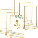 Floroom 6 Pack 4x6 Inch Clear Acrylic Sign Holders, Double-Sided Gold Display Stand Picture Frames for Table Numbers, Menus, Flyers, Weddings, and Offices