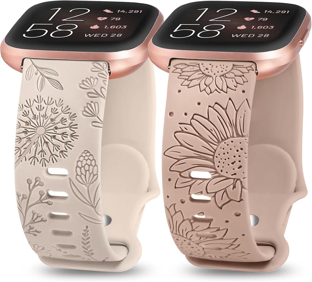 Minyee 2 Packs Floral Engraved Band Compatible with Fitbit Versa 2/Fitbit Versa/Versa Lite Bands Women, Cute Soft Silicone Sunflower Dandelion Sport Designer Fancy Summer Strap for Versa 2 Smart Watch (Starlight/Nude)