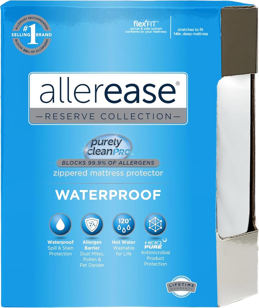 AllerEase Waterproof Mattress Protector Stain Protection Twin Size Allergen Barrier Hot Water Washable Machine Washable Durable Zippered Knit Mattress Cover Stretch Corners (White)