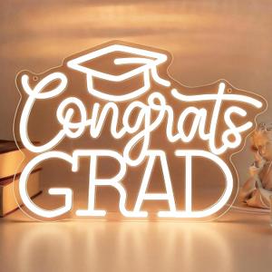 Congrats Grad Neon Sign with Graduation Cap, Warm White LED Neon Light with Dimmer, USB Powered Neon Sign for Wall Decor, Classroom, Party, Graduation Celebration Gift (16.5 x 10.7 in)