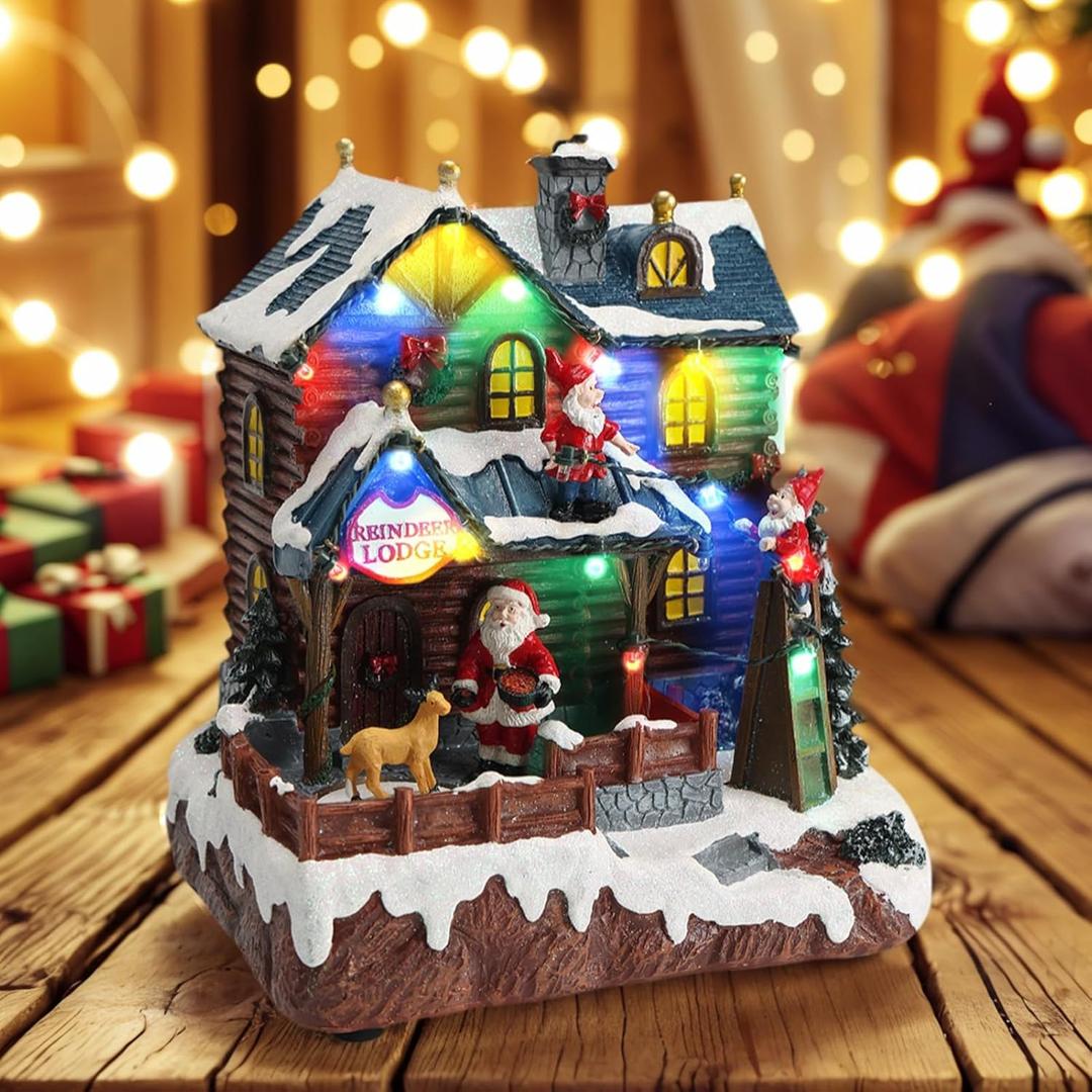 PETAFLOP Christmas Village House with LED Lights, Village Scene with Musical & Animated Reindeer, Gift for Xmas Home Indoor Decorations, 8.3 x 7.5 x 5.9 Inches