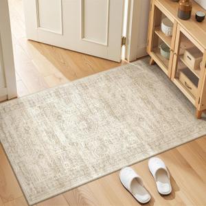 2x4 Washable Rug Runner for Bathroom, Soft Entryway Rug for Laundry Room, Kitchen, Vintage Abstract Hallway Runner for Bedroom, Anti-Slip Door Mat Indoor Entrance(2'x4', Beige/Ivory)