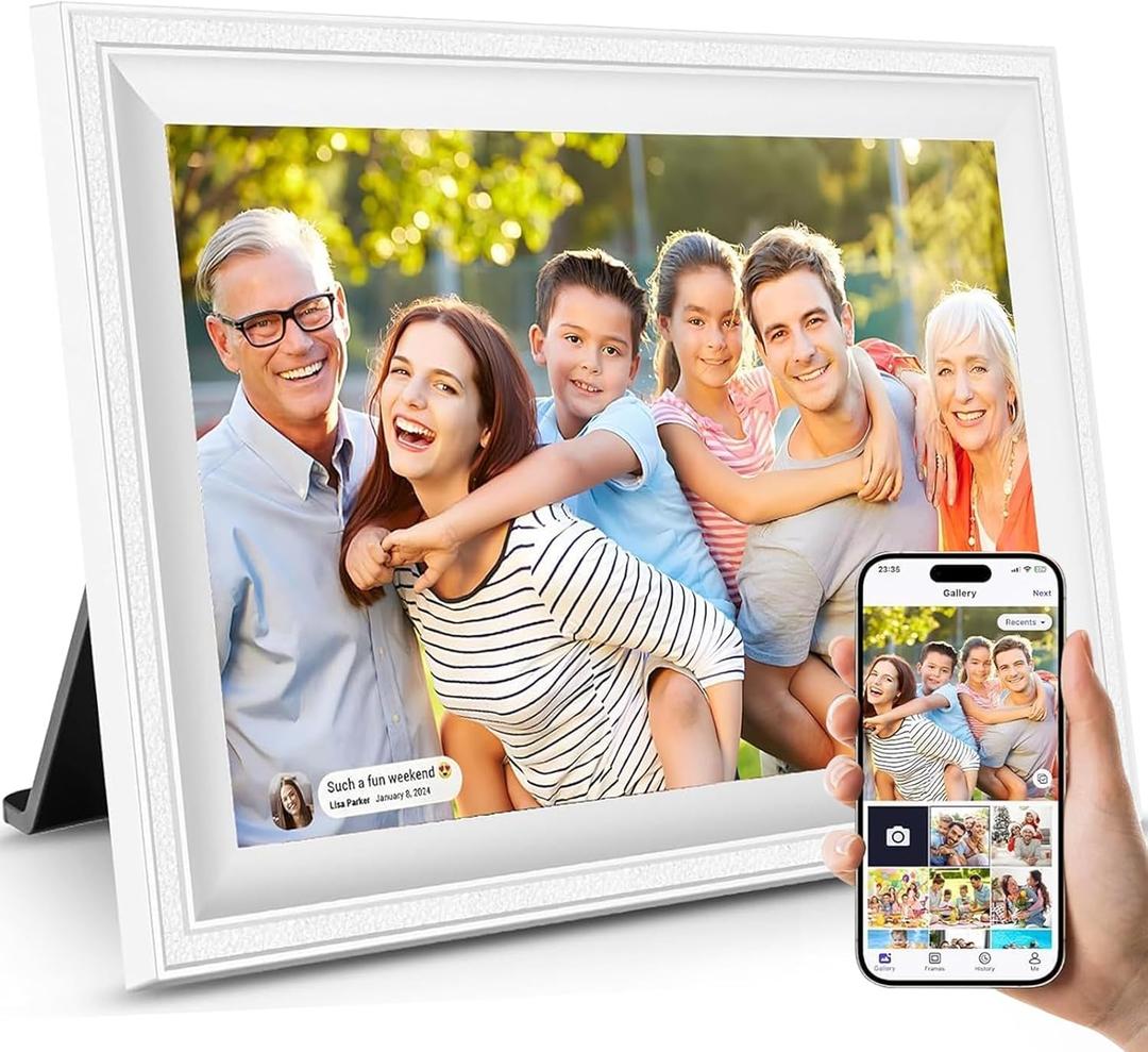 Smart White Digital Picture Frame WiFi Send Photos from Your Phone 16GB Storage 10.1inch 1280x800 IPS Touch Screen Digital Photo Frame Auto-Rotate Wall Mountable Photo Picture Frame Digital, White