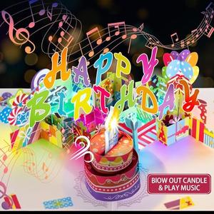 3D Pop Up Birthday Card with Music and Blowable LED Candle - Magic Blow-Out Greeting Card for Women, Men, Kids - Fits Any Age 1-100 Milestone Birthday Celebration Gifts Decorations for Women, Men, Mom, Wife, Husband, Boy, Girl