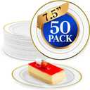 Reli. 50 Pcs Plastic Dessert Plates, Disposable (7.5 inch, White w/Gold Rim) | Small Plates for Party, Heavy Duty | Hard Plastic, for Dessert, Wedding, Birthday, Salad/Appetizer (7.5")