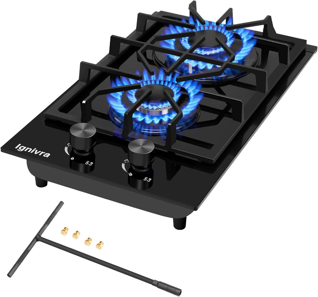 Gas Cooktop 2 Burner,12000W Built-in Gas Stove, Black Crystal Tempered Glass Propane Cooktop, 20.08x12.2" Top Propane Stove Indoor LPG/NG Dual Fuel Hob for Apartment Kitchen RV