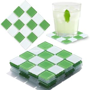Queekay Green and White Checkered Coaster Set of 6 for Drink 4" Square Glass Drinks Tiled Coaster Plaid Place Mat for Coffee Table Bar Plate Home Decoration Gifts for Mom