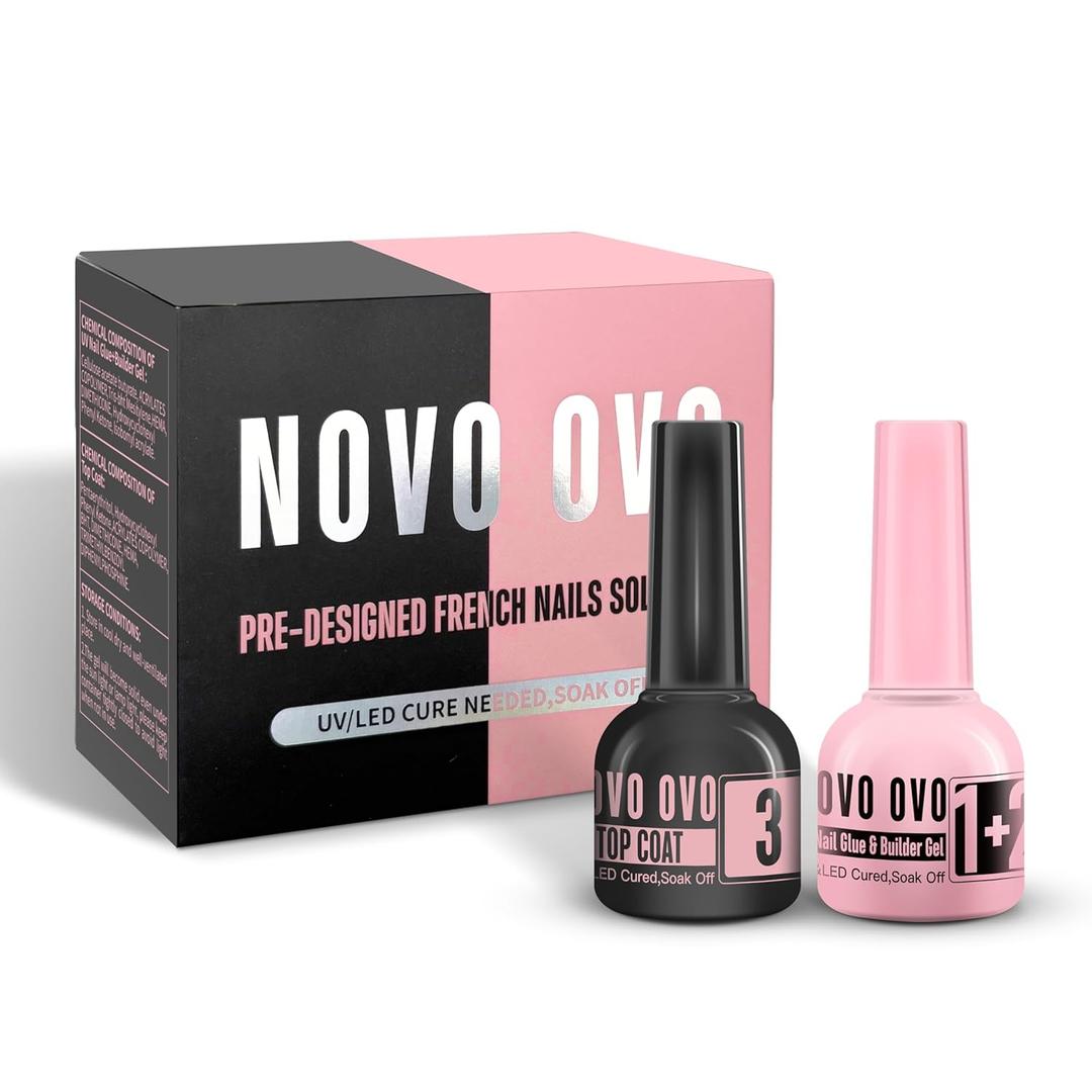 UV Nail Glue and Builder Gel 2 in 1, No Wipe Top Coat Kit for Predesigned French Tip Nail Tips, NOVO OVO Super Strong Adhesive for Press on Nails, 30+ Days Long Lasting, Salon Effect, Easy to Use