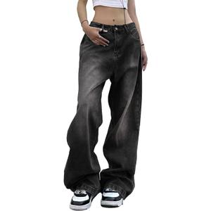 EMMIOL Women Wide Leg Jeans Mid-Low Waist Baggy Jeans Loose Boyfriends Jeans Y2K 90s Denim Pants (Small, Black)