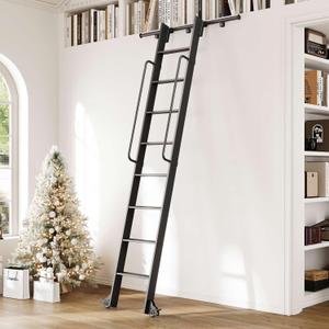 9FT Aluminum Rolling Library Ladder with 4FT Sliding Hardware Kit,Telescopic Hook Track with Brake Wheel,8 Steps with Handrail,450lbs Capacity,Black,Easy Assembly,for Loft Bookcase Attic Home