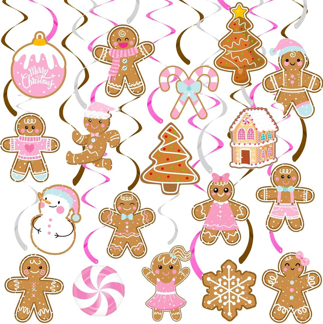 Christmas Gingerbread Man Hanging Swirls 20Pcs Gingerbread Theme Party Decorations Xmas Gingerbread Party Ceiling Swirls Pink Gingerbread Man Hanging Streamers for Winter Holiday Party Supplies